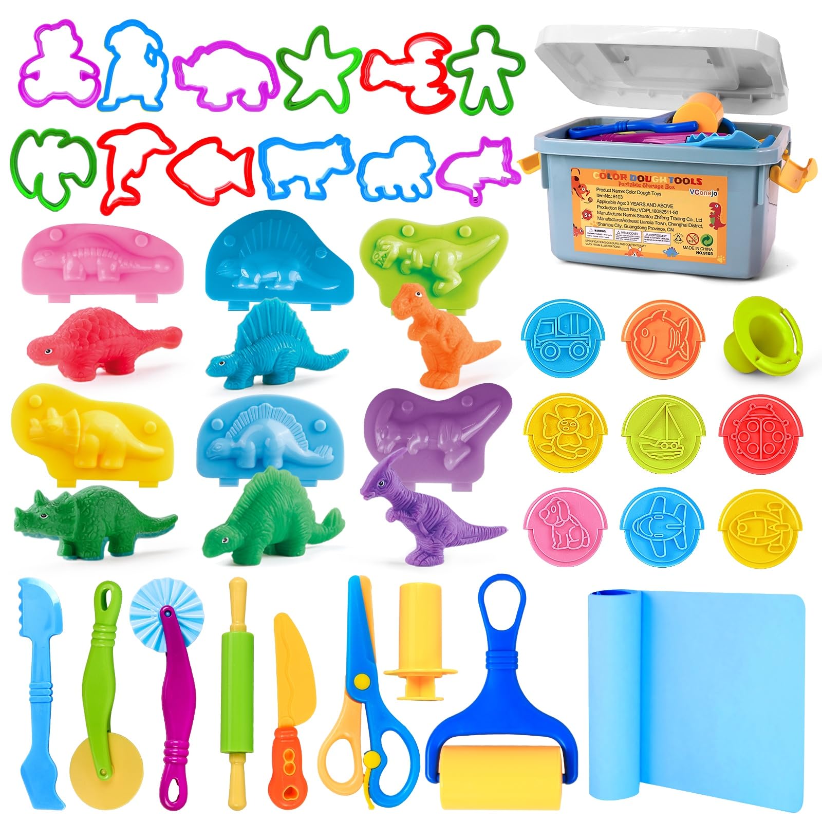VConejo Dough Tools Play Sets for Kids, 37pcs Clay and Dough Accessories with Storage Container, Mat, Cutters, Rolling Pins, Safety Scissors, Stamps, Animal and 3D Dino Makers for Boys Girls