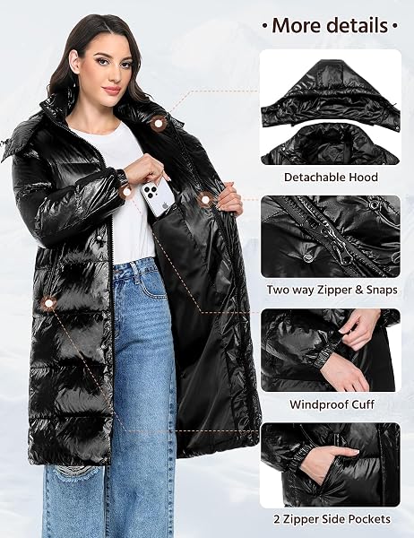 UIKUE WOMENS PUFFER COATS – LONG WINTER QUILTED JACKET FULL ZIP WINDPROOF PUFFY COAT THICK WARM OUTERWEAR HOODED PARKA WITH POCKETS(GLOSSY BLACK,S)