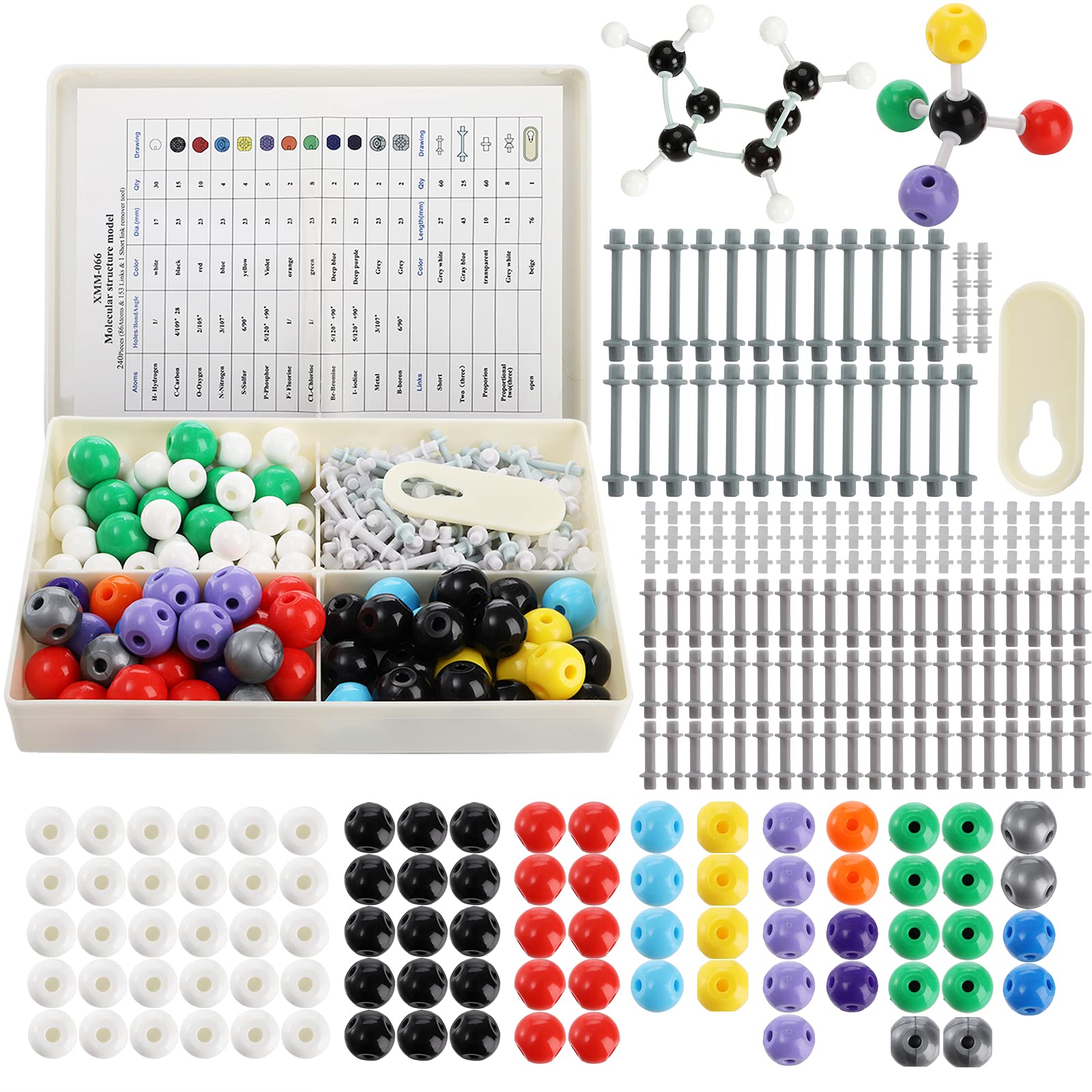 Yopay 240 Pieces Molecular Model Kit, Organic and Inorganic Chemistry Molecular Structure Model, 86 Atoms and 153 Links and 1 Short Link Remover Tool