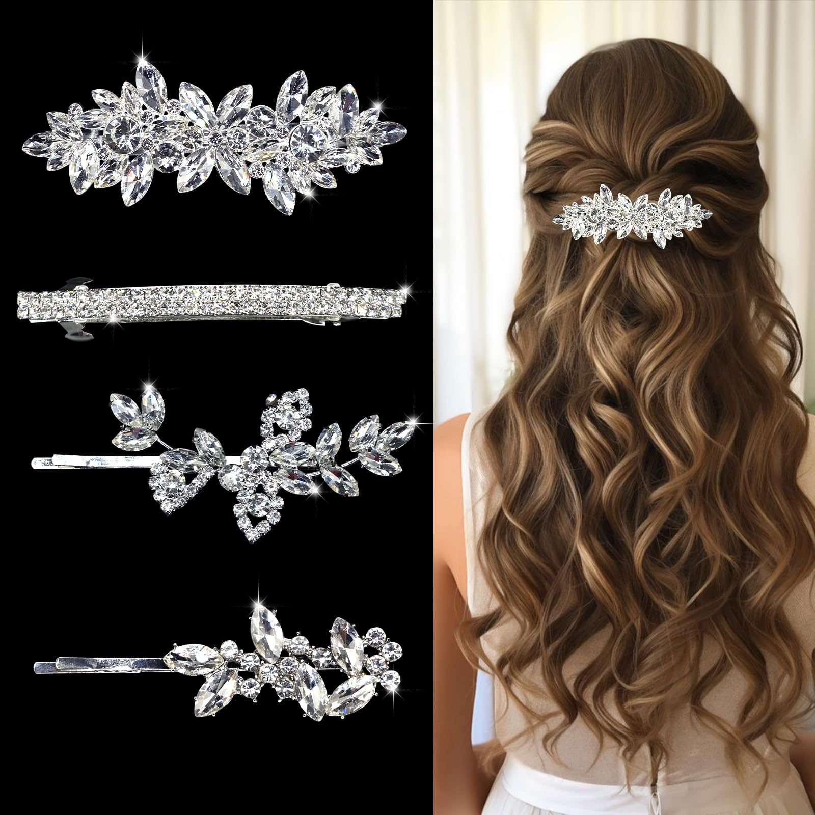 Photo 1 of Mulzile 4 Pieces Rhinestone Hair Clips Leaf Wedding Hair Pins Crystal Bobby Pins Silver Bridal Hairpin Barrette for Brides Bridesmaids Flower Girls