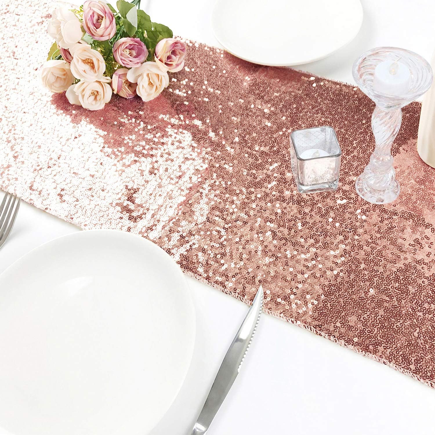 Rutien Sequin Table Runners Rose Gold 3 pack 12x108 inch Sparkly for Wedding/Birthday/Home/Event Party