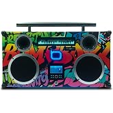 Bumpboxx Freestyle Pro Retro Boombox Bluetooth Speaker, Up to 16-hour Play Time, Deep Bass, Large Bluetooth Boombox Speaker with 3.5" LCD Display, 2 Wireless Rechargeable Microphones, Graffiti