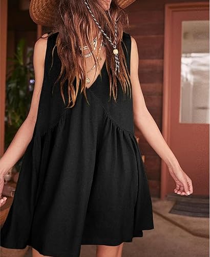 Women's Casual Sundress - Sleeveless V-Neck Babydoll Mini Dress With Pockets (Black, Small)