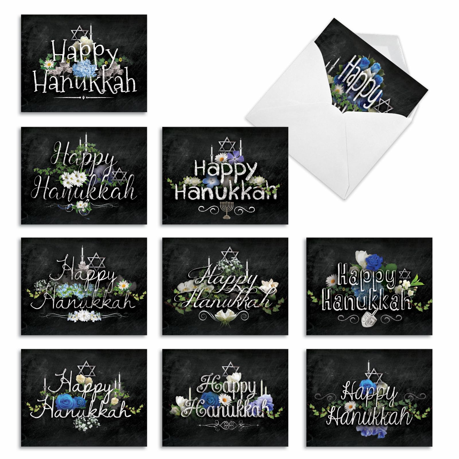 M2358HKBsl Hanukkah Chalk And Roses: 10 Assorted Blank Hanukkah Note Cards Featuring Happy Hanukkah Sentiments in a Chalk Typeface with Holiday Florals, w/White Envelopes. by The Best Card Company