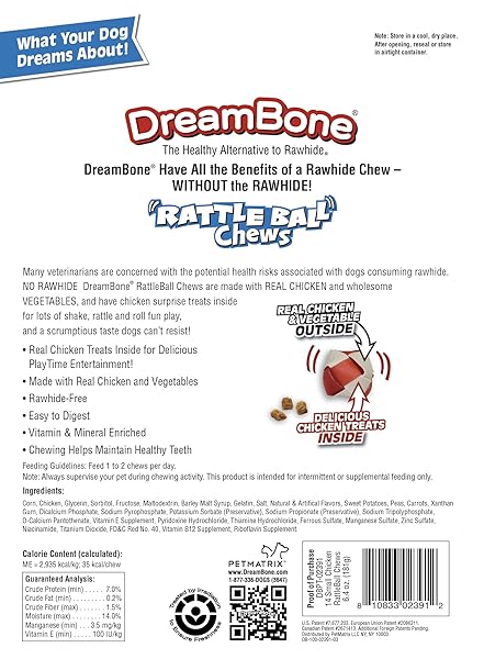 DREAMBONE RATTLEBALL SMALL CHEWS 14 COUNT, RAWHIDE-FREE CHEWS FOR DOGS, WITH REAL CHICKEN TREATS INSIDE