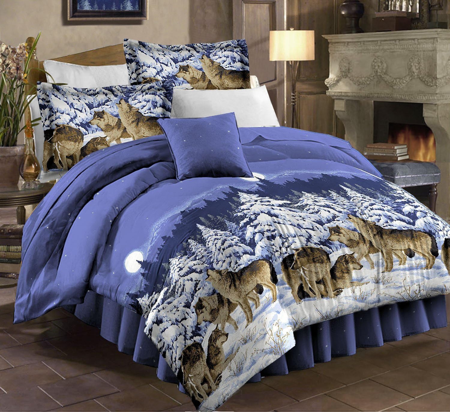 Mountain Home Cabin Lodge Wolf Wolves Full Comforter Set (8 Piece Bed in A Bag)