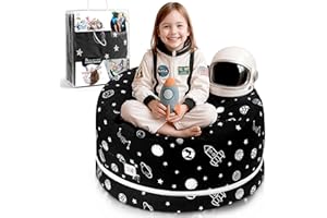 SMART WALLABY Stuffed Animal Storage Bean Bag Chair Cover for Kids & Adults – Expandable XL Size, 100% Cotton Washable, Kids’ Bean Bag Chairs for Plush Toy & Blanket Storage, Space Explorer