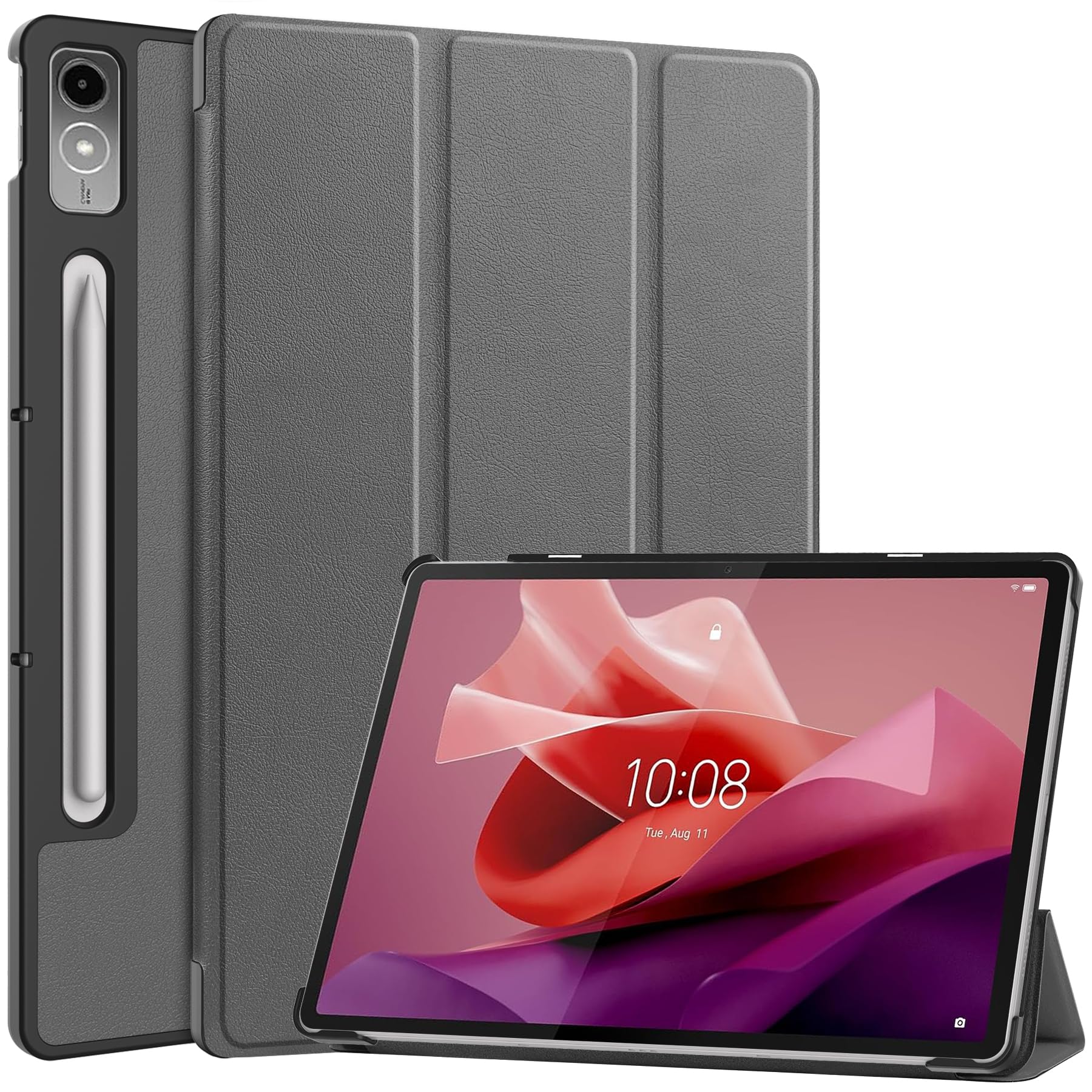 QINOUK Case for Lenovo Tab P12, [Stand Feature] Ultra Thin Smart Cover with Auto Sleep Wake, PU and PC Anti-scratch Protective Case, for Lenovo Tab P12 12.7-Gray