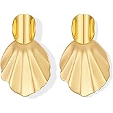 FAUTHENTICUTE Gold Statement Earrings for Women Chunky Brushed Gold Disc Dangle Earring Fan-Shaped Dangling Statement Earrings