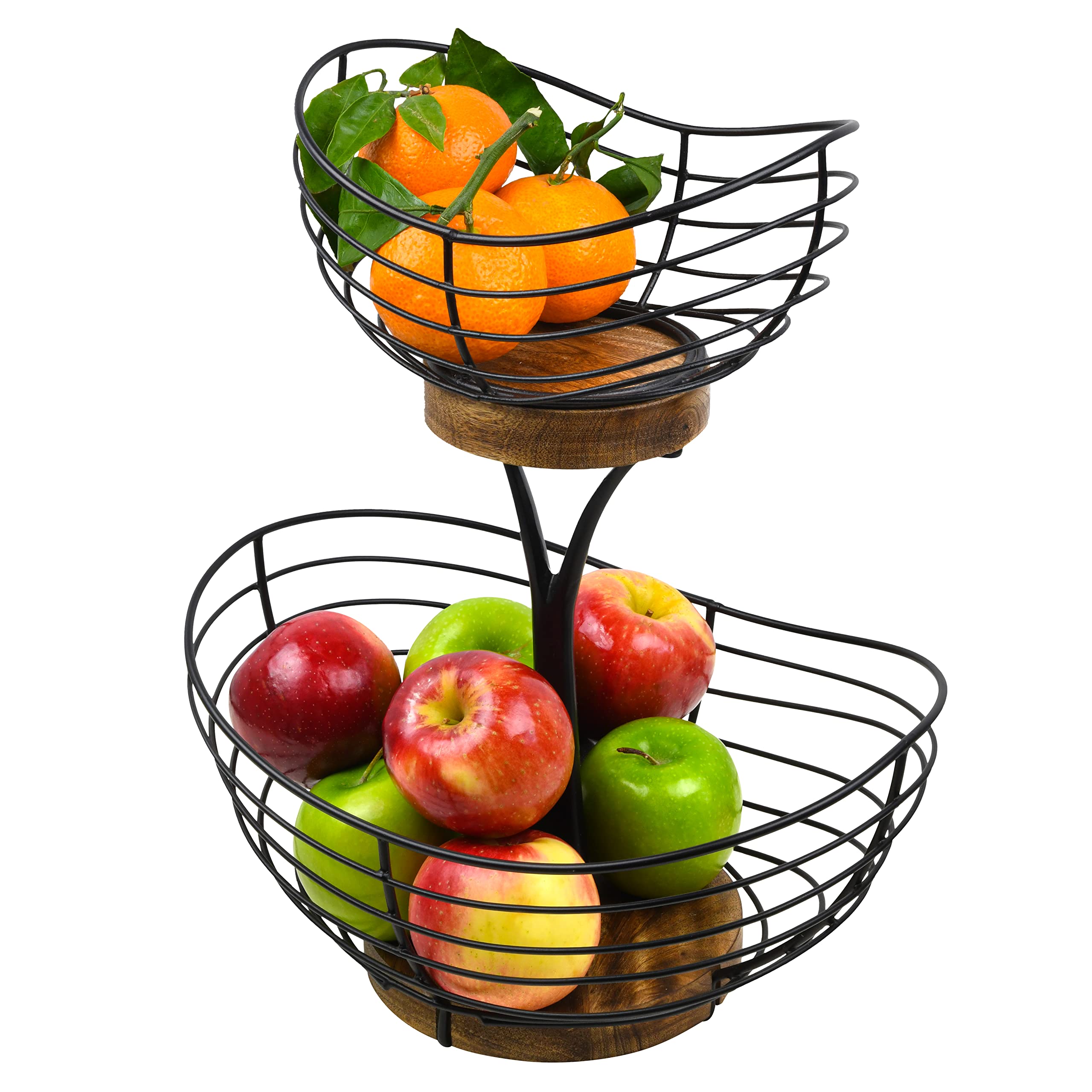 Photo 1 of Modern Farmhouse 2 Tier Fruit Basket for Kitchen Counter, Vintage Wire and Wooden Base Fruit Bowl / Stand for Kitchen countertop Decor - Double Tree Fruit & Vegetables Basket