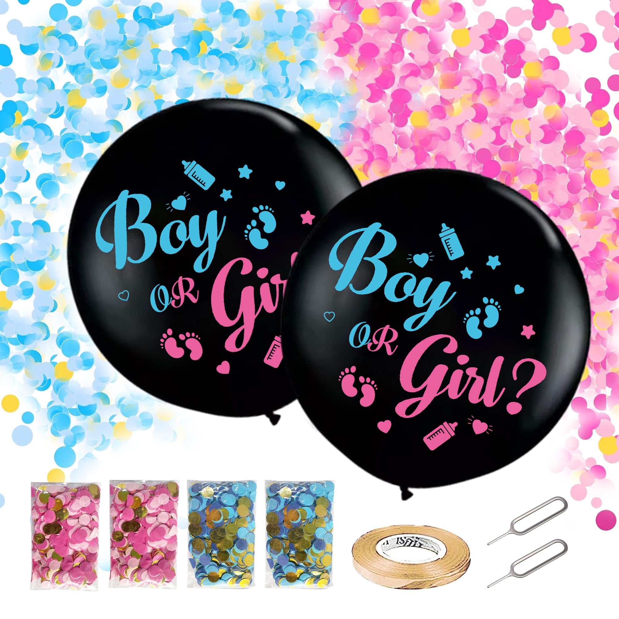 Soireeparty Gender Reveal Confetti Balloons - 2 Pieces Large 36 Inch Black Latex Balloon with Pink Blue Confetti, Ribbons Pins for Baby Girl Boy Ideas Baby Shower Party Decorations