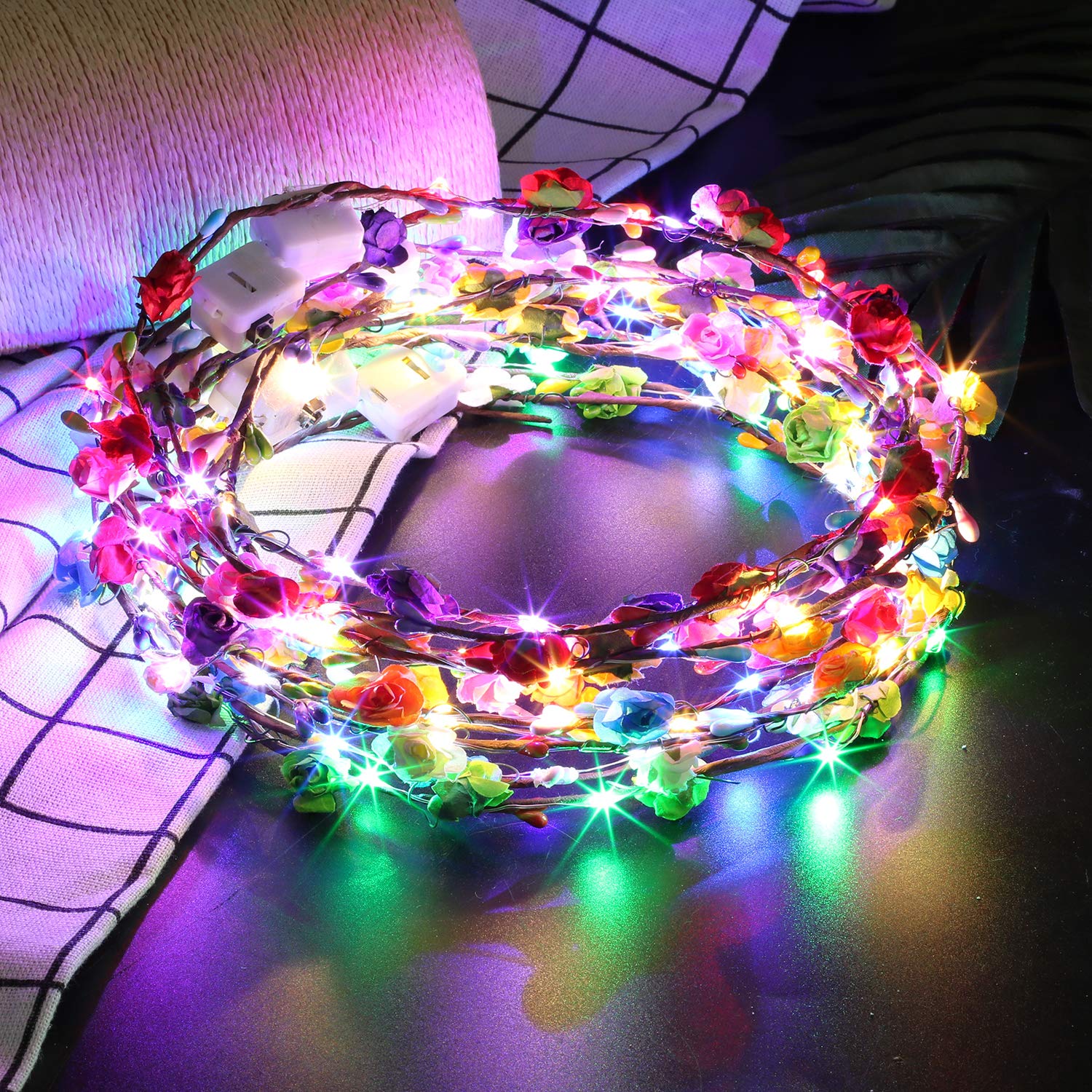 LED Flower Crown,Kapmore 12PCS Adjustable Flower Wreath Headband Luminous 10 LED Flower Headpiece Flower Headdress for Girls Women Wedding Festival Holiday Christmas Halloween Party Accessories