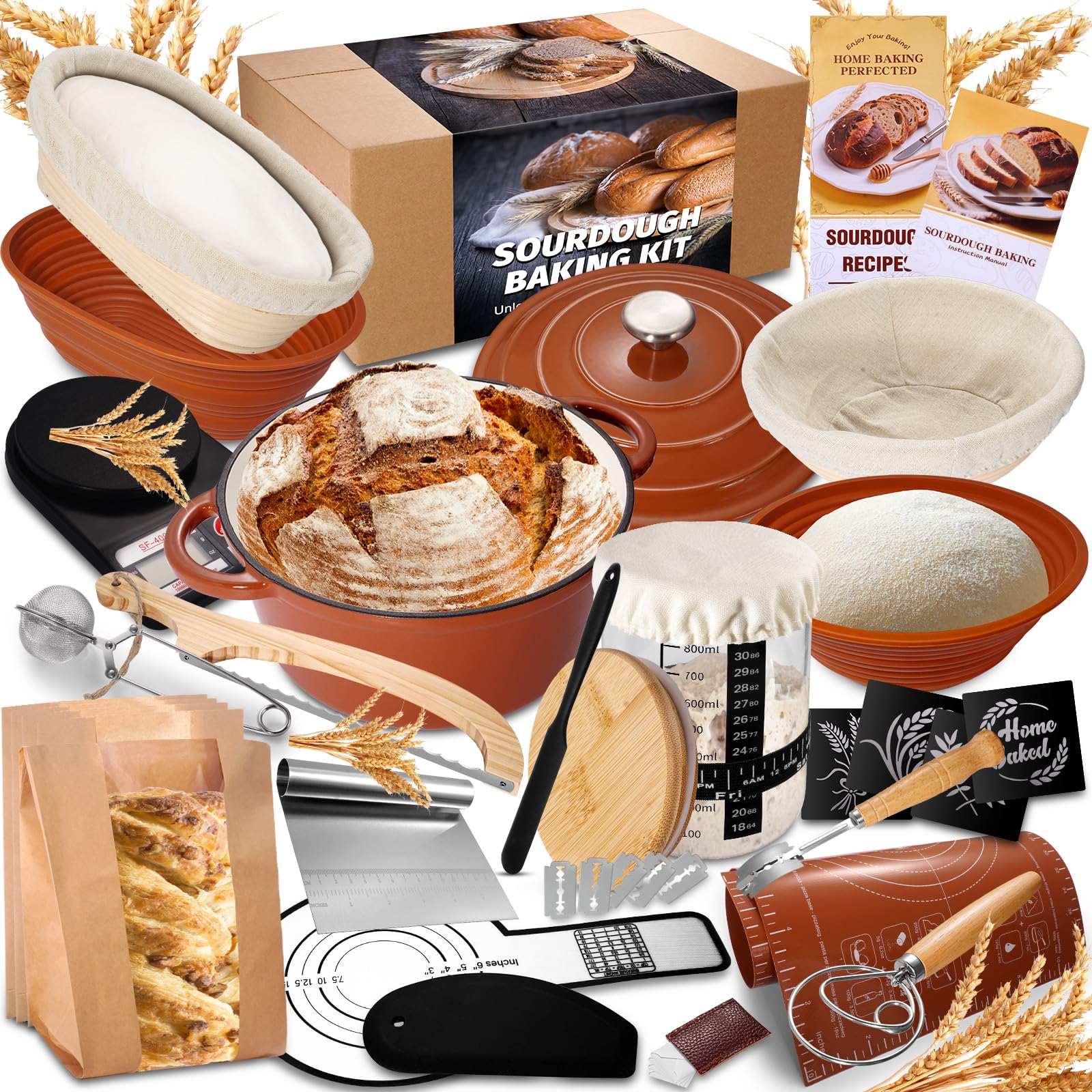 Photo 1 of EWFEN Sourdough Starter Kit with Enamel Cast Iron Pot, Complete Sourdough Bread Baking Supplies, Round & Oval Bread Proofing Basket with 34 Oz Starter Jar, Bread Making Tools Kit