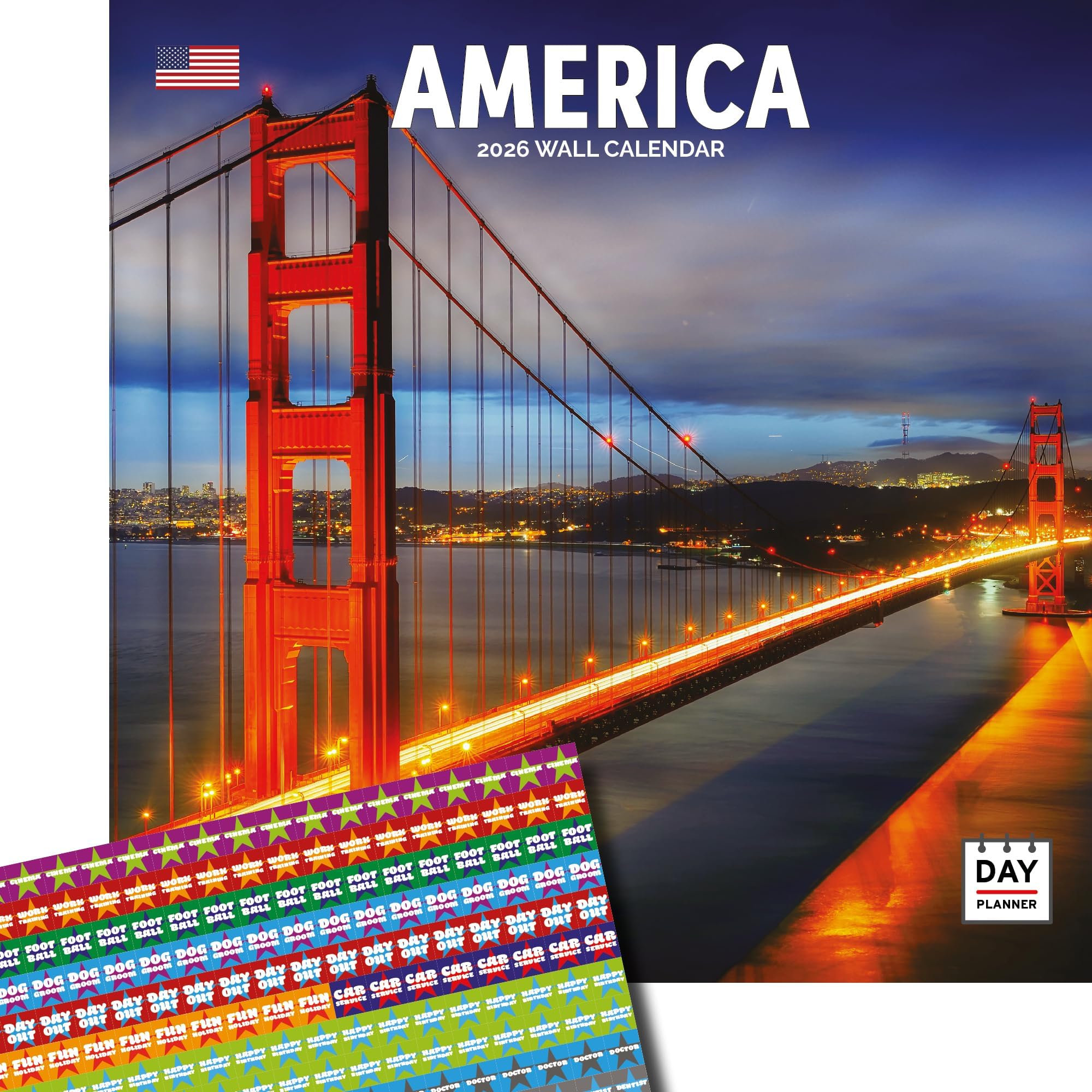 Dayplanner Publishing America Calendar 2026 With Organisational Stickers, Large Square Wall Calendar, 16 Month, America Gift Travel Calendar