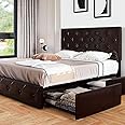 Allewie Upholstered Full Size Platform Bed Frame with 4 Storage Drawers and Headboard, Diamond Stitched Button Tufted, Mattress Foundation with Wooden Slats Support, No Box Spring Needed, Black Brown