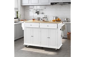 Squireewo 59" Kitchen Cart with Wood Top and Drop Leaf Breakfast Bar, Rolling Mobile Kitchen Island Table on Wheels with Drawer and Storage Cabinet, Spice Rack, Towel Rack, White