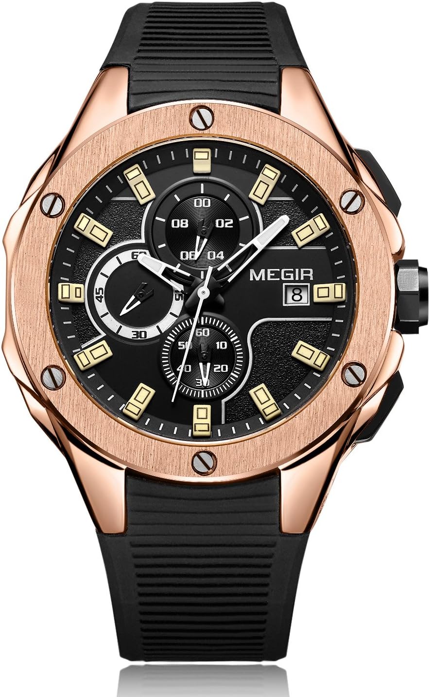 Megir Men's Military Sports Chronograph Watches Silicone Strap Quartz Analog Wristwatch for Man