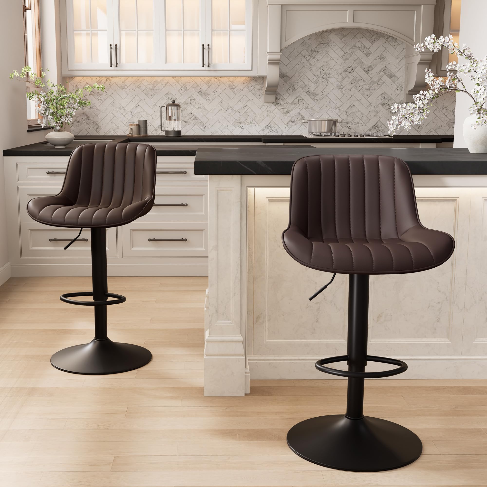 Photo 1 of YOUNIKE Bar Stools Set of 2 Brown Kitchen Counter Height Barstools with Backs Modern Swivel Tall Faux Leather Bar Chair Adjustable Breakfast Island taburetes de bar Padded sillas para barra de cocina