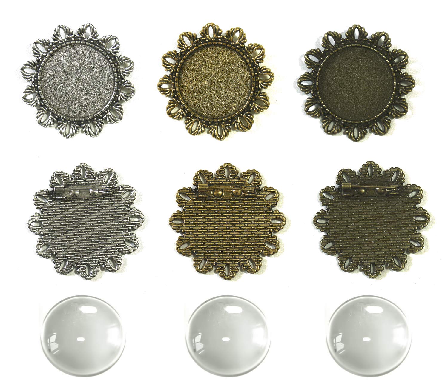 All in ONE 30pcs 25mm Brooch Cabochon Set: 15pcs Flower Shape Cabochon Frame Setting Tray Brooch with 15pcs Glass Dome for DIY Jewelry Making Jewelry Making DIY Findings (3 Color Mixed)