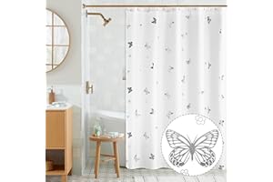 Jubilantex Butterfly Shower Curtain for Bathroom, White Silver Print Farmhouse Waterproof Bathroom Decorative Rustic Kids Shower Curtain with 12 Rust Proof Grommets for Spa Hotel, 70x76 Inches