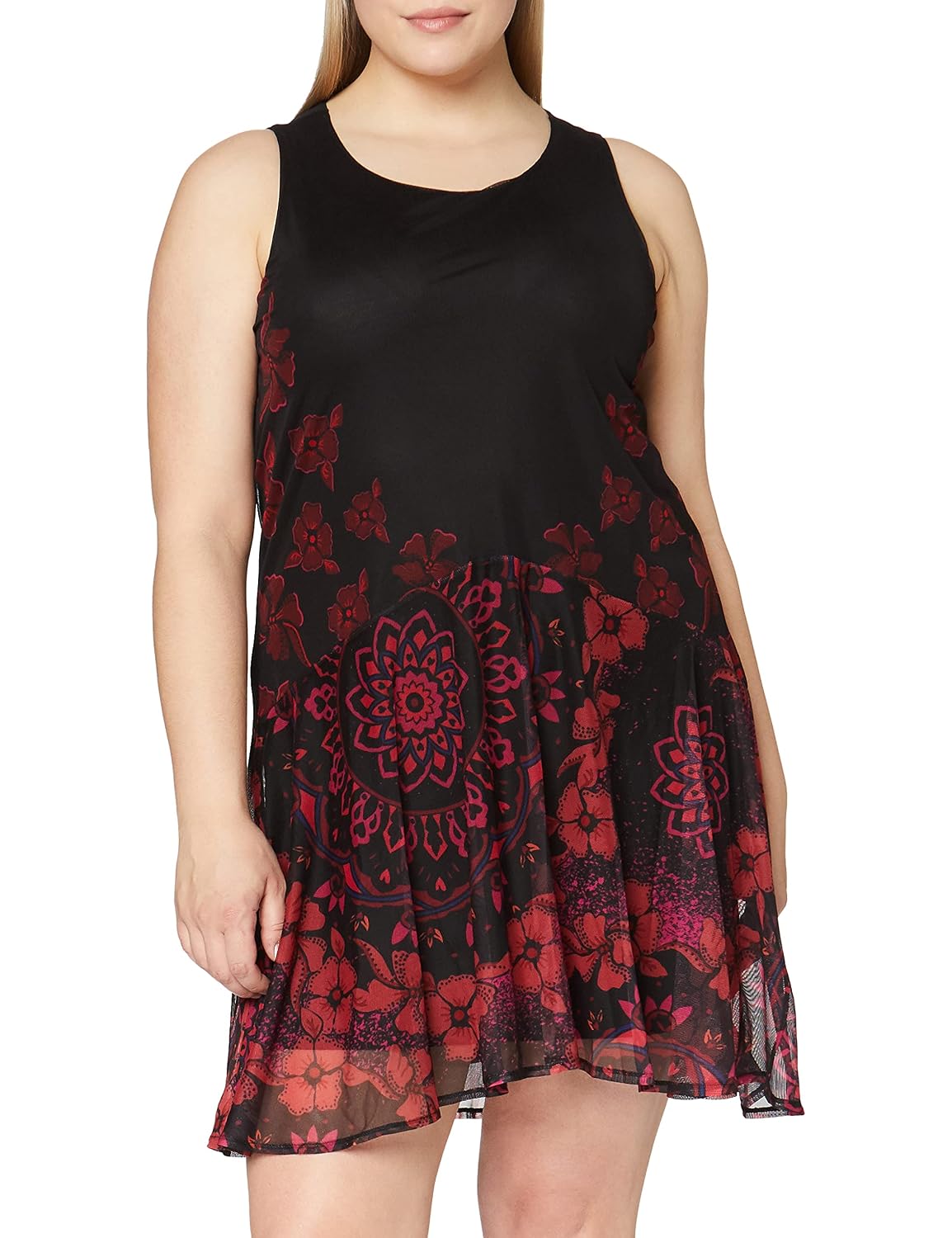 Desigual Women's Black Sleeveless Dress - Floral Embroidered Tulle Overlay, Knee-Length With Asymmetric Hem - View #5