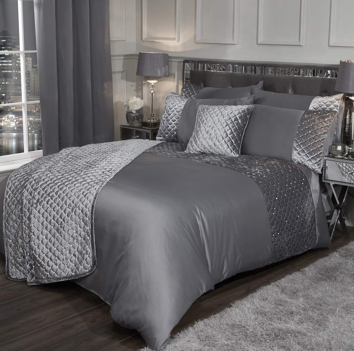 Emma Barclay Glamour - Quilted Sequin Velvet Duvet Set in Silver - Double Bed