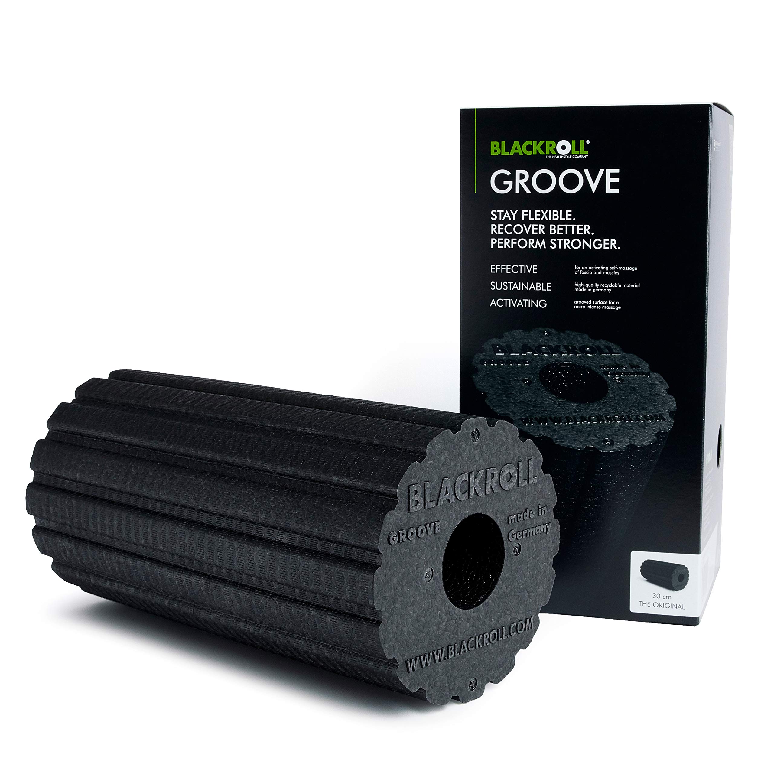 BLACKROLL GROOVE - The original (medium temper) - Self massage roller - Structured surface - Fast rolling causes vibration effects - 30 cm - black + booklet