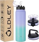 OLDLEY 1L Stainless Steel Water Bottle with 3 Lids Purple Green Leakproof