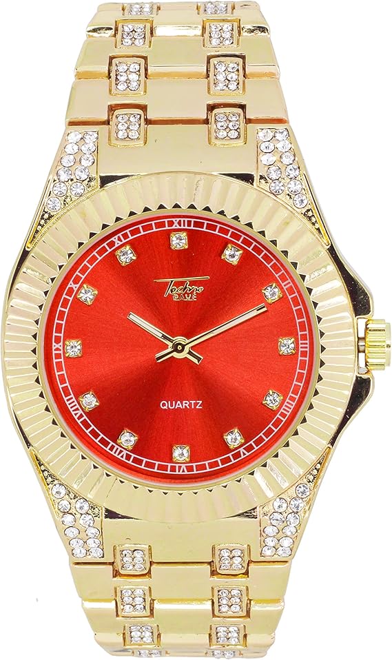 Amazon メンズ ヒップホップ インスパイアード メタルバンドウォッチ フルーテッドベゼル ダイヤルにczマークの時間表示 調節可能なキュービックジルコニア装飾バンド クォーツムーブメント Mens Standard ゴールド レッド メンズ腕時計 腕時計 通販