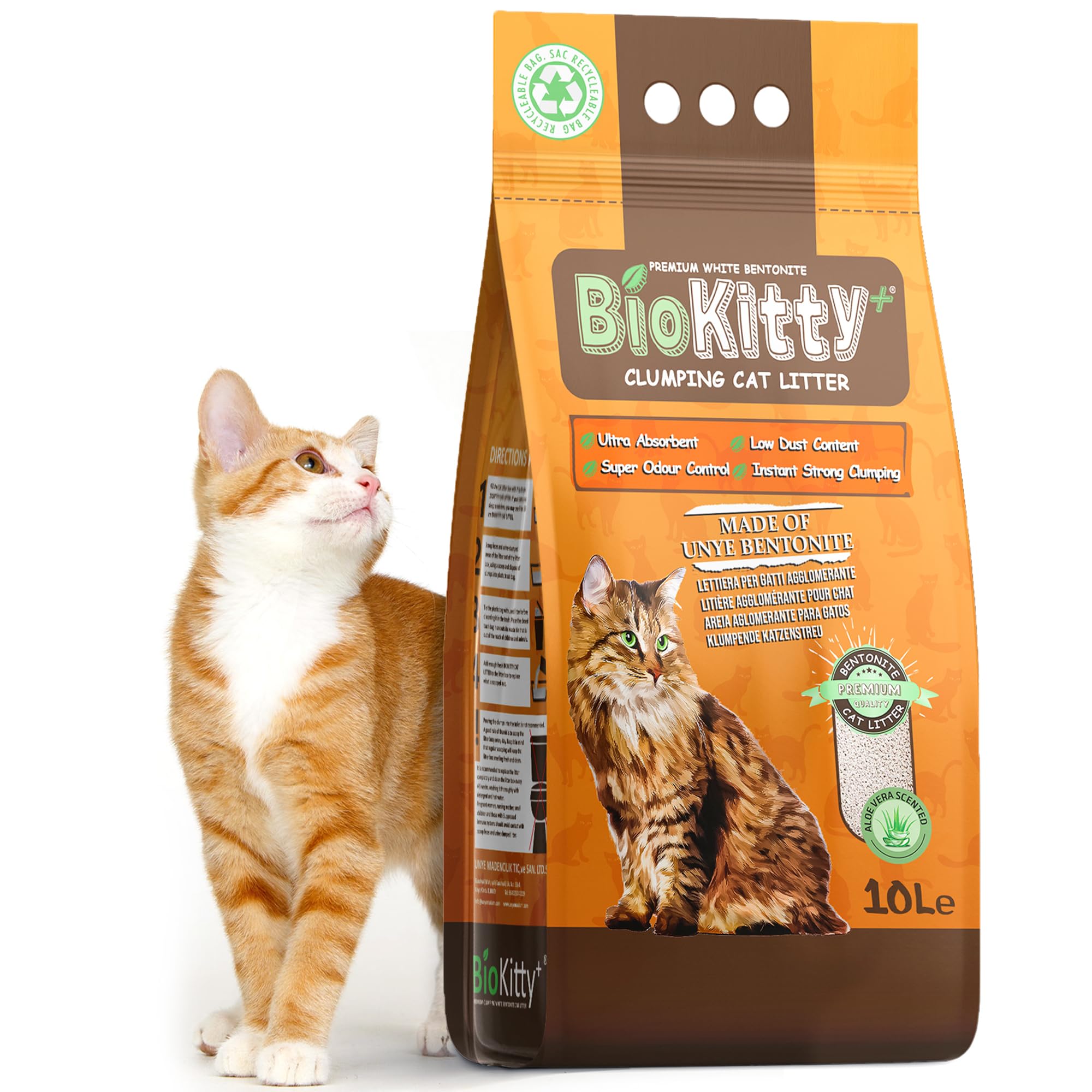BioKitty Clumping Cat Litter, 10L Highly Absorbent Natural Bentonite Clay, Long Lasting Odour Control, Maximum Hygiene with Strong Clumping Litter (Aloe Vera, Pack of 1)