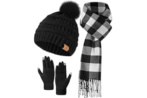LOIYADN Winter Hat Gloves Scarf Set for Women, Fleece Lined Beanies, Long Scarf for Women and Touchscreen Winter Gloves Set