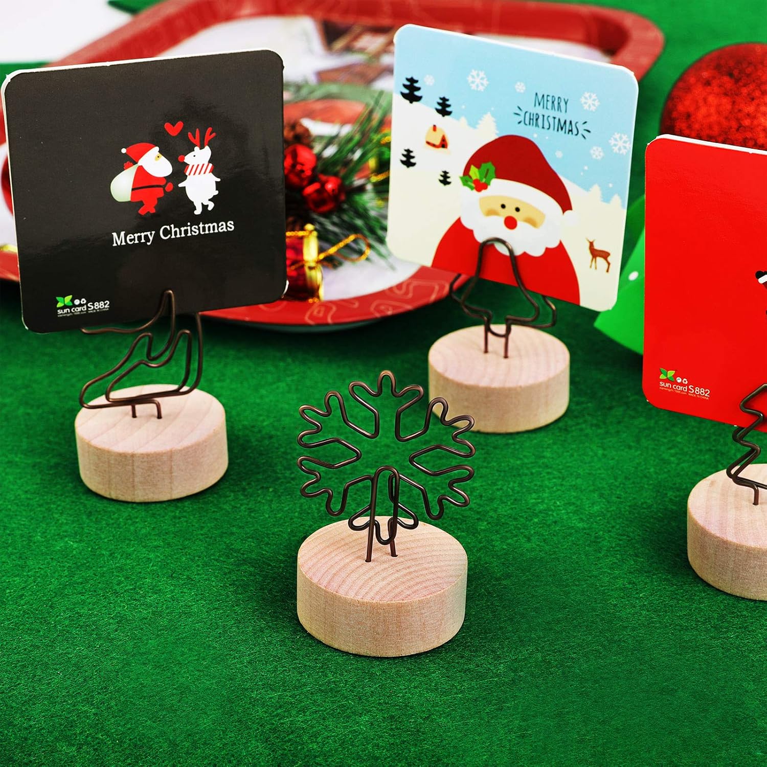 ADXCO 16 Pack Christmas Party Decoration Card Holders Wooden Base Card Holders Rustic Iron Wire Picture Picks Clip Holder 4 Shapes Picture Memo Note Photo Clip for Christmas Table Decorations: Home & Kitchen