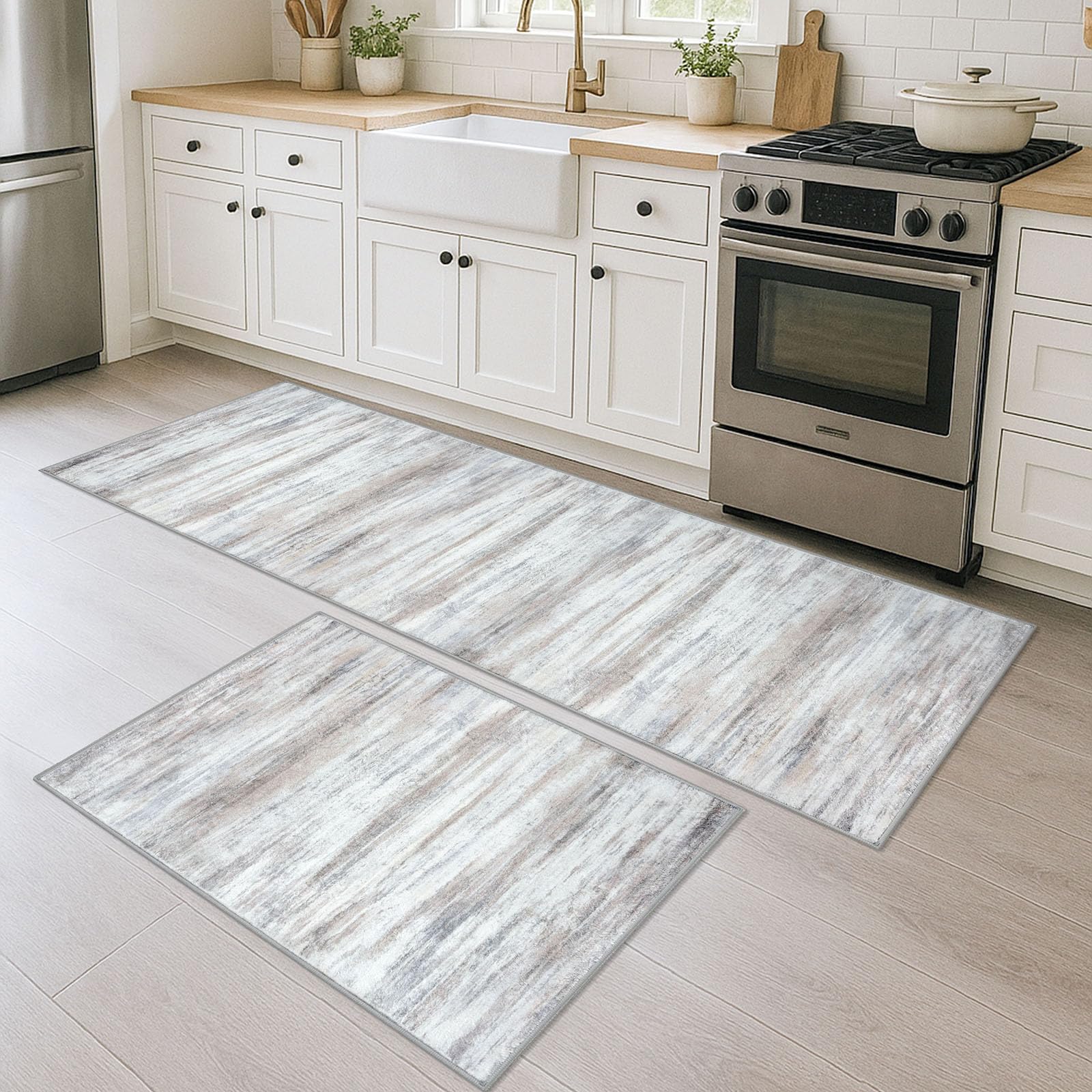 KOZYFLY Modern Abstract 2PCS 2x3 and 2x6 Rugs Beige Machine Washable Area Rug for Bedroom Non-Slip Living Room Rug, Faux Wool Soft Low Pile Office Carpet for Dining Room, Bedroom, Kitchen Bathroom Image