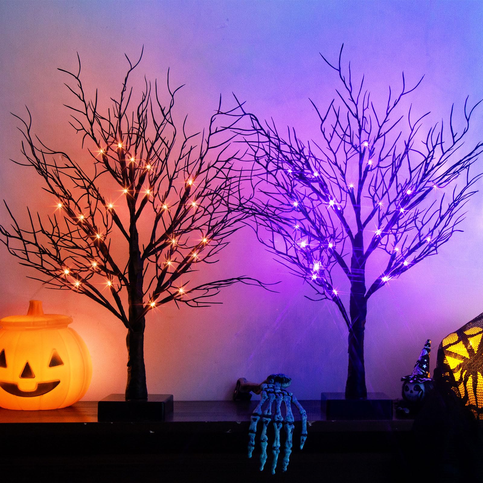 Photo 1 of PEIDUO Halloween Decorations Indoor, Black Halloween Tree with 24 Dual-Color Orange & Purple Lights, Light Up Halloween Trees with Timer for Indoor Home Tabletop Desk Decor (2PK)