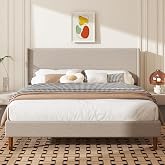 King Size Linen Platform Bed Frame with Wingback Upholstered Headboard | Wooden Slats Support, No Box Spring Needed, Easy Assembly, Noise Free, Beige