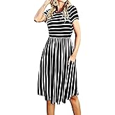 Simier Fariry Womens Summer Modest Work Casual Midi Knee Dress Pocket Short Sleeve Teacher Outfits Spring Travel Clothes