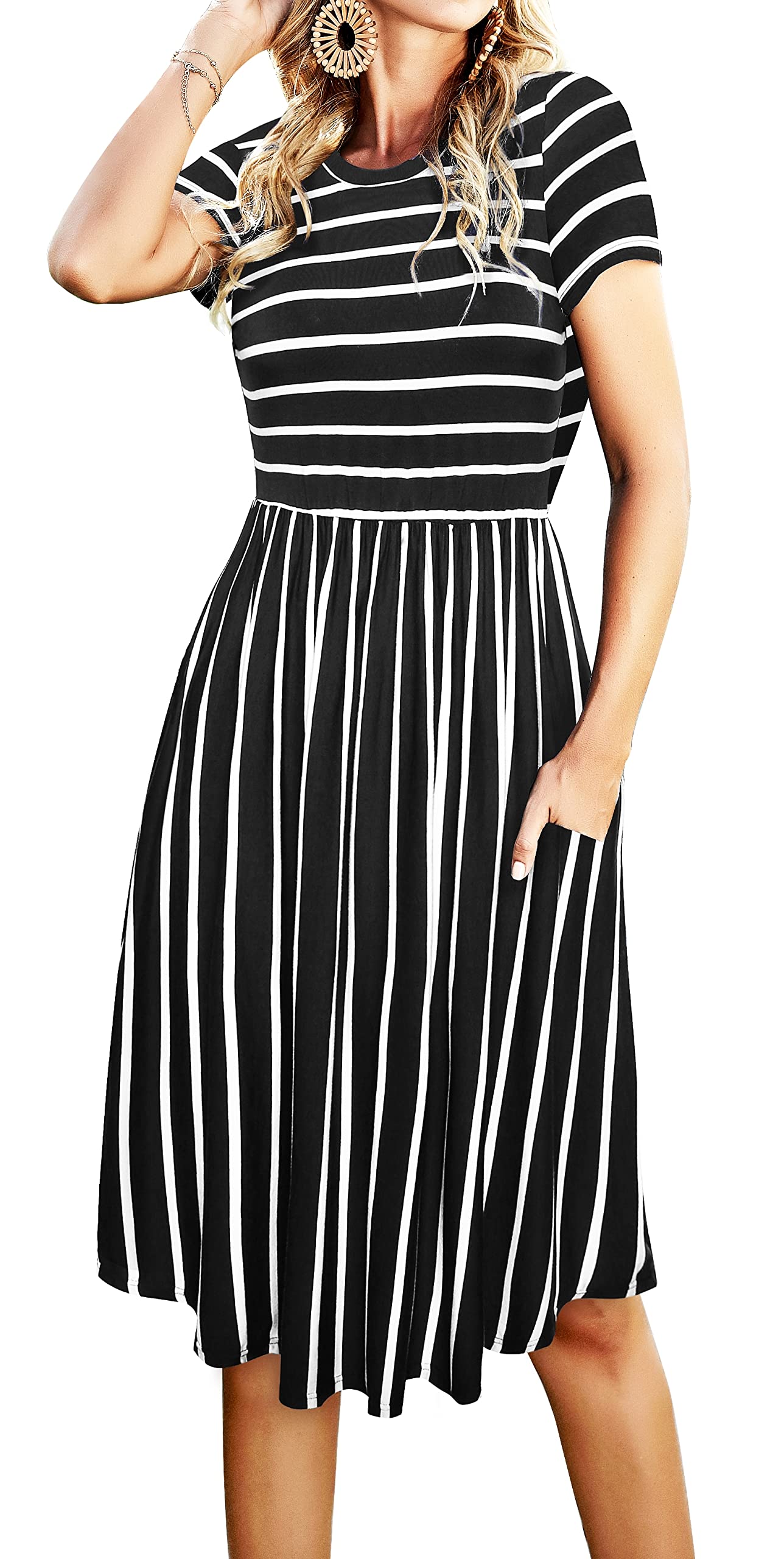 Photo 1 of Women Summer Pocket Travel Casual Midi Knee Length T Shirt Dress Striped Black M
