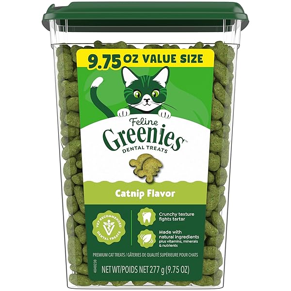 GREENIES CAT TREATS, FELINE VETERINARIAN-RECOMMENDED ADULT NATURAL DENTAL TREATS, CATNIP FLAVOR, 9.75 OZ. TUB