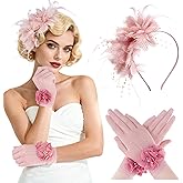 Fascinators Hats for Women and Tea Party Gloves Set, Headband with Feather Pearl Veil for Wedding Cocktail Dresses