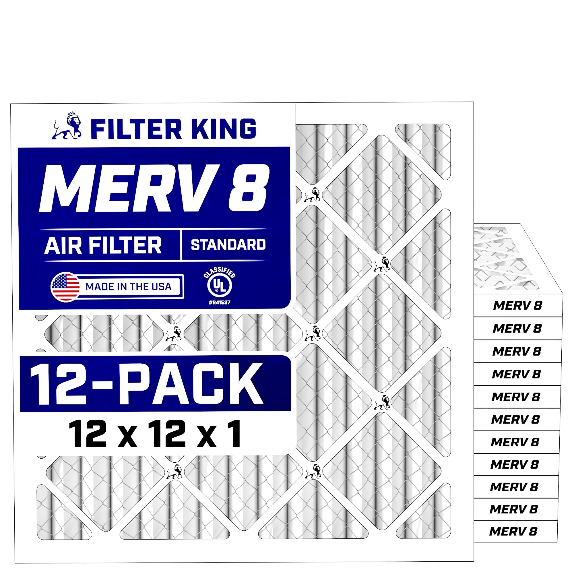 Filter King 12x12x1 Air Filter (MERV 8) (12-Pack) Dust & Allergy Control AC Furnace Filters, MADE IN USA, HVAC, Pleated, Electrostatic (Actual Size: 11.5 x 11.5 x .75) Image