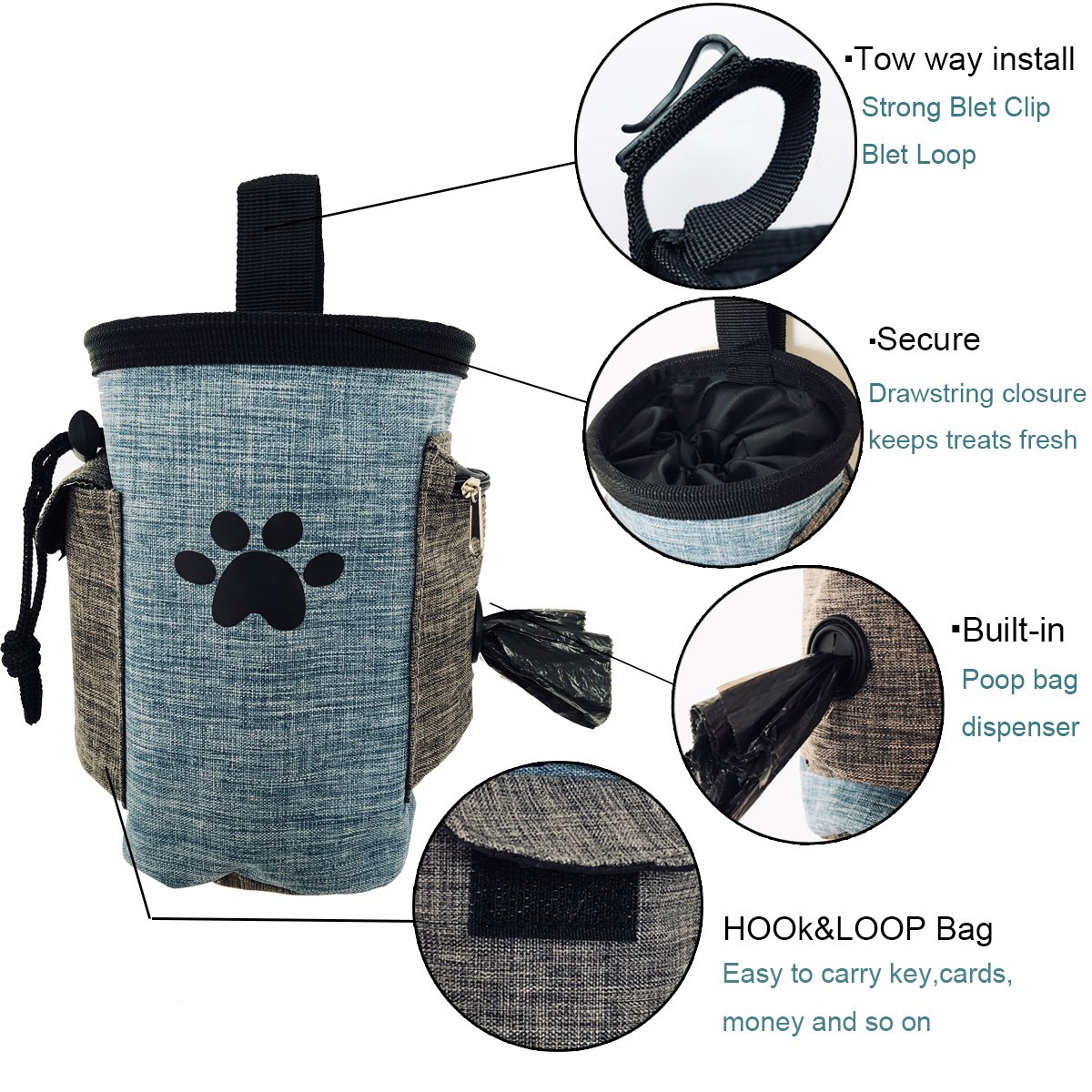 Pet Treat Pouch Dog Training Bag with Belt Carries Pet Toys Kibble Treats Sport Running Drawstring Waist Bag Poop Bag Dispenser (Beige)