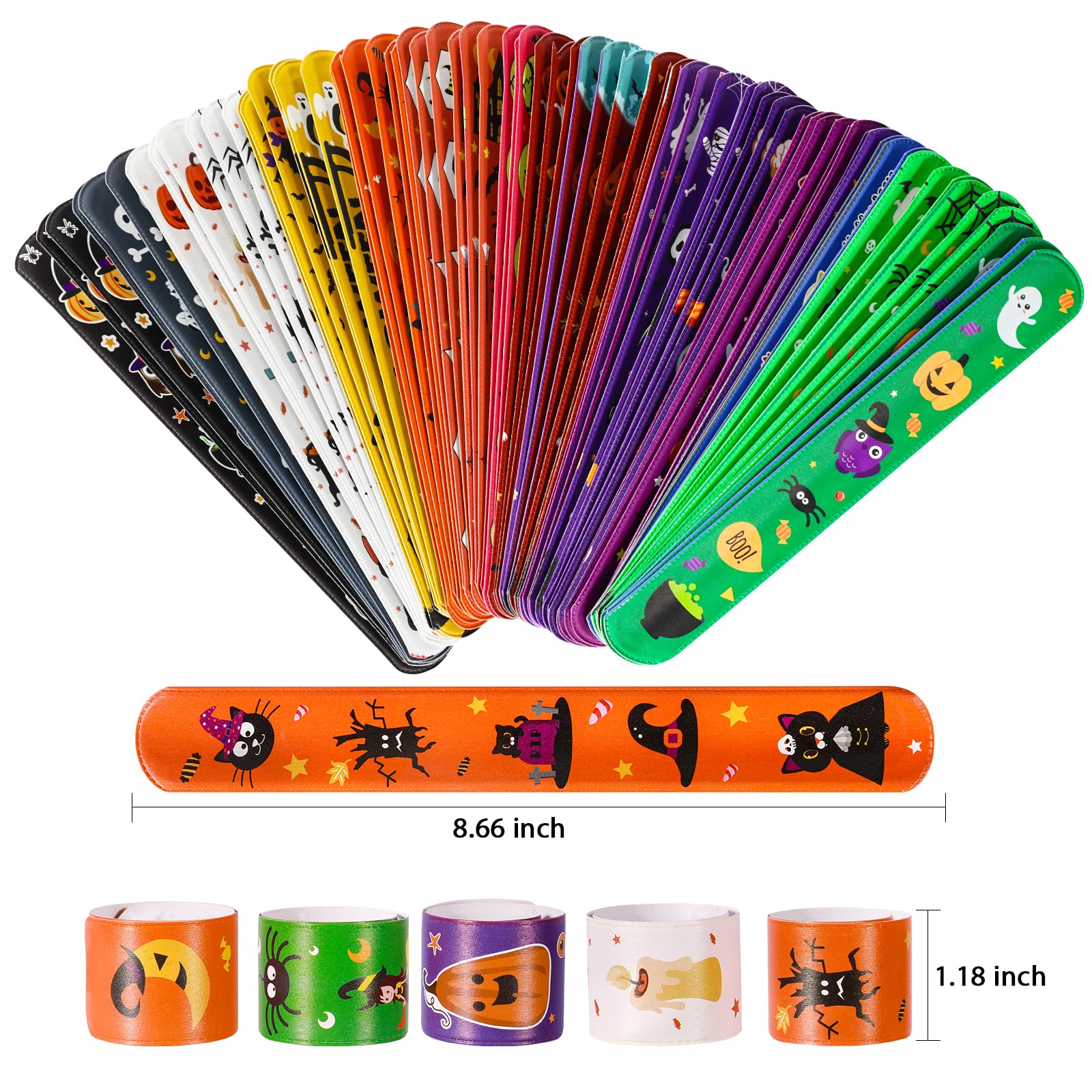 MGparty 72PCS Halloween Slap Bracelets 24 Halloween Theme Designs Spider Pumpkin Ghost Zombie Bat Witches Snap Bracelet for Kids Party Favors Toys Prizes Pinata Goodie Bags Fillers