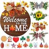 Interchangeable Welcome Sign for Front Door with 4 Seasonal Wreaths and 14 Changeable Icons, Farmhouse Front Door Signs, Door Decoration Porch Decor, Seasonal Wooden Home Sign home décor (6wood)