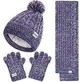 Kids Winter Hat Gloves Scarf Set, Girls Boys Winter Beanie Hat Mittens Scarf Knit Set with Thick Fleece Lined for Children