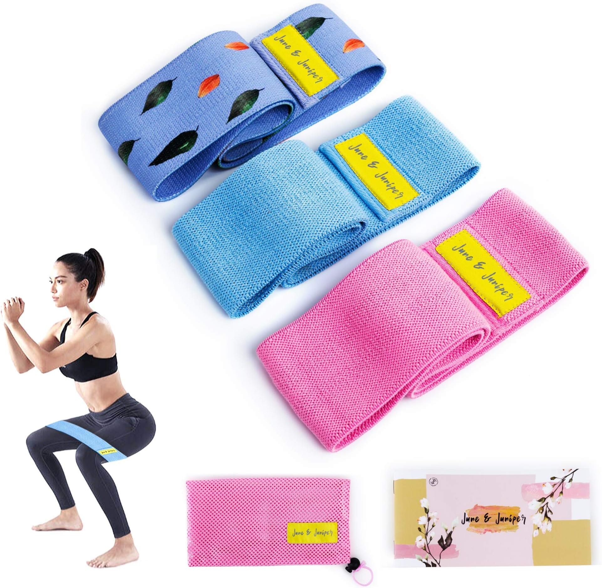 JUNE JJ JUNIPER Fabric Resistance Bands Set for Legs and Butt, 4 Pack Booty Bands,Exercise Bands,Workout Bands,Home Gym Workout Equipment with Core Sliders