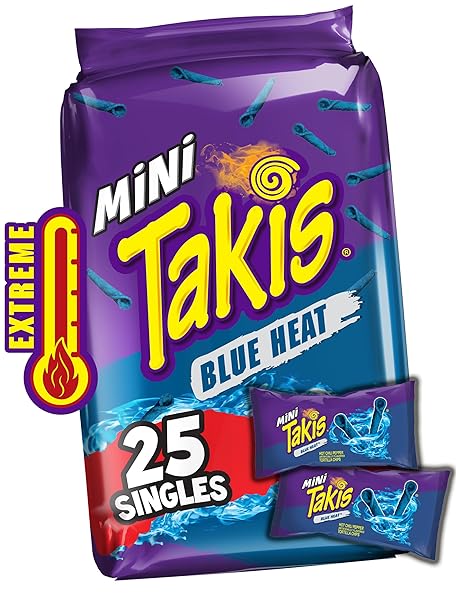 TAKIS BLUE HEAT MINI 25-PACK 1.23 OZ BITE SIZE EXTREME SPICY HOT CHILI PEPPER ROLLED CORN TORTILLA CHIPS