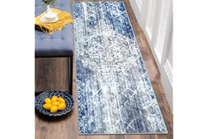 Vaukki Modern Abstract Hallway Runner Rugs, Non Skid Washable Soft Laundry Room Rug, Non Slip Indoor Floor Accent Mat Carpet Runner for Bathroom and Bedroom (Blue and Grey, 2'x6')