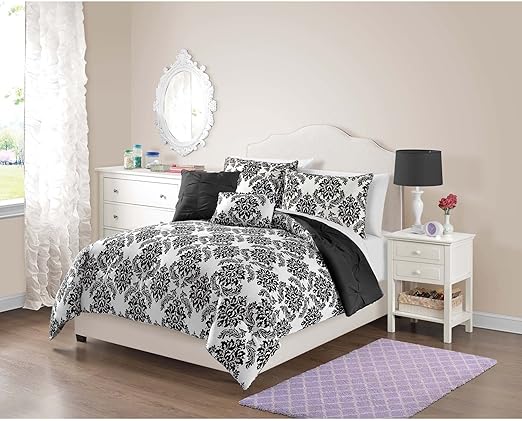 Amazon Com Ph 4 Piece Girls Black Damask Comforter Twin Set Dark