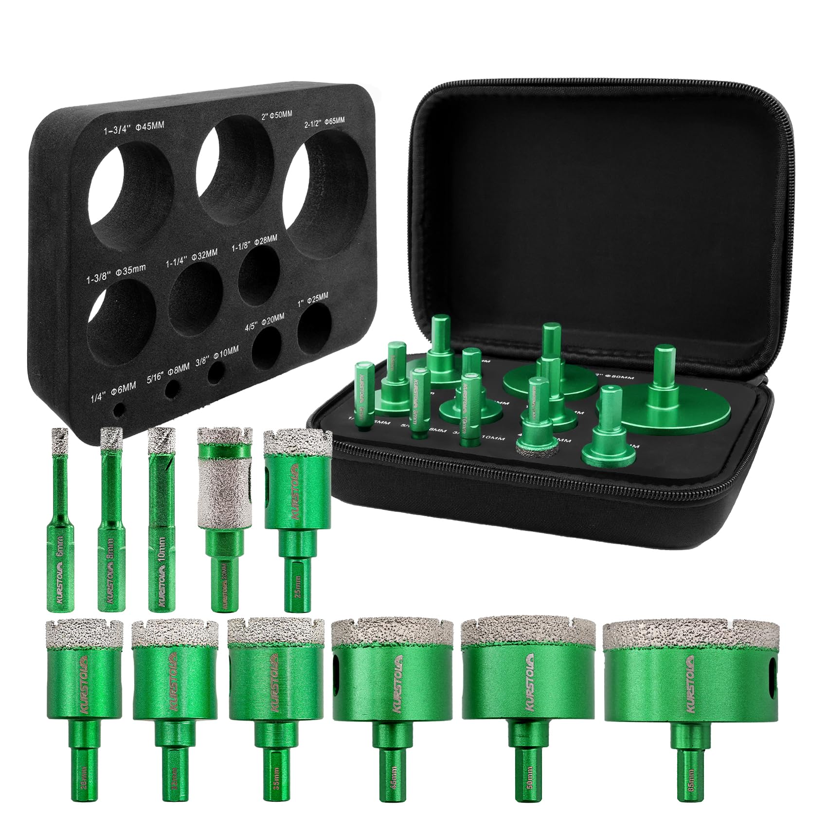 KURSTOL Diamond Core Drill Bit Kit - 6/8/10/25/28/32/35/45/50/65mm Triangle Shank +4/5"(20mm) Finger milling Bit Tile Hole Saws for Drilling/Enlaging Porcelain Ceramic Tile Granite Marble Stone