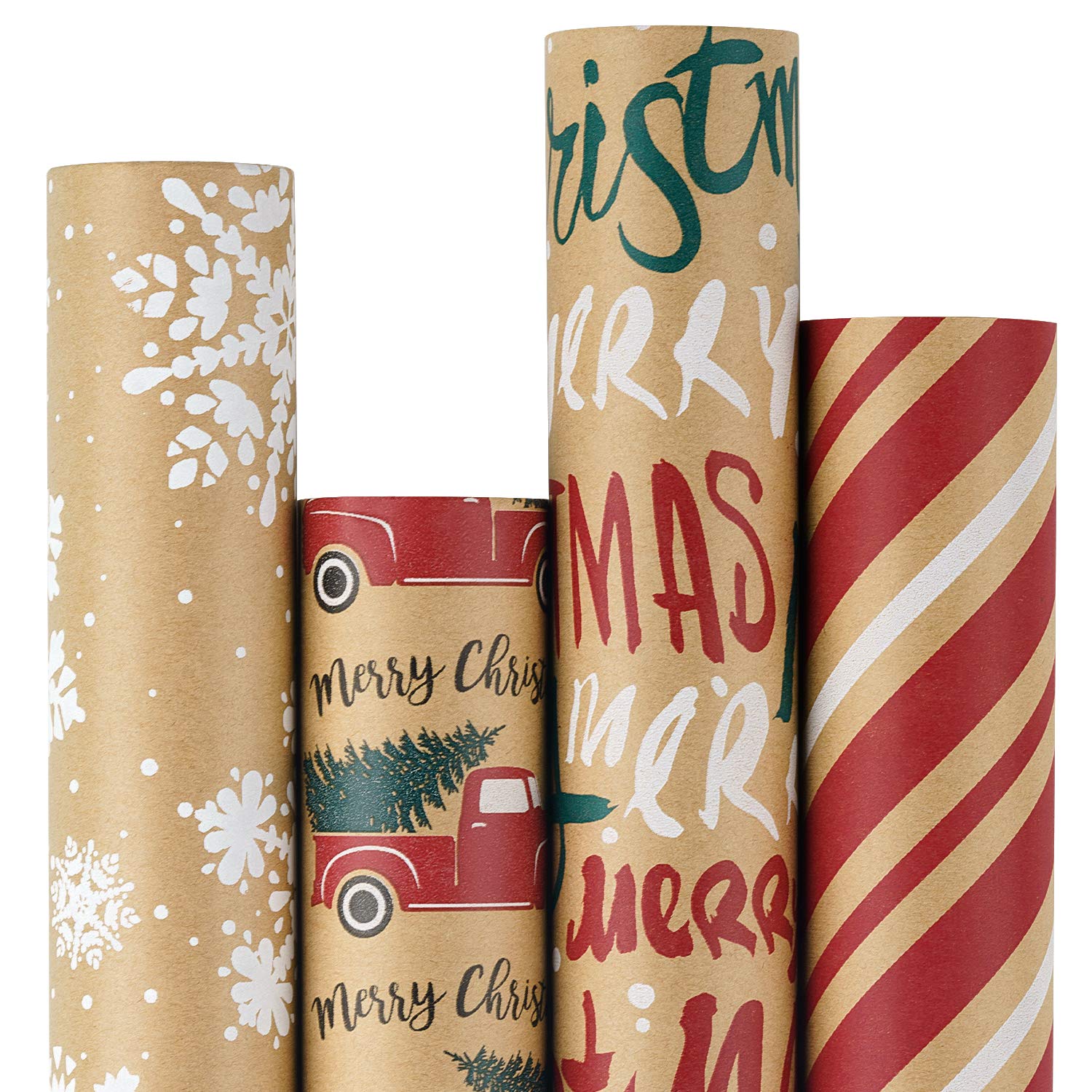 RUSPEPA Christmas Wrapping Paper - Snowflakes, Car & Tree, Stripes - Merry Christmas - 4 Rolls - 76cm x 305cm — image 1